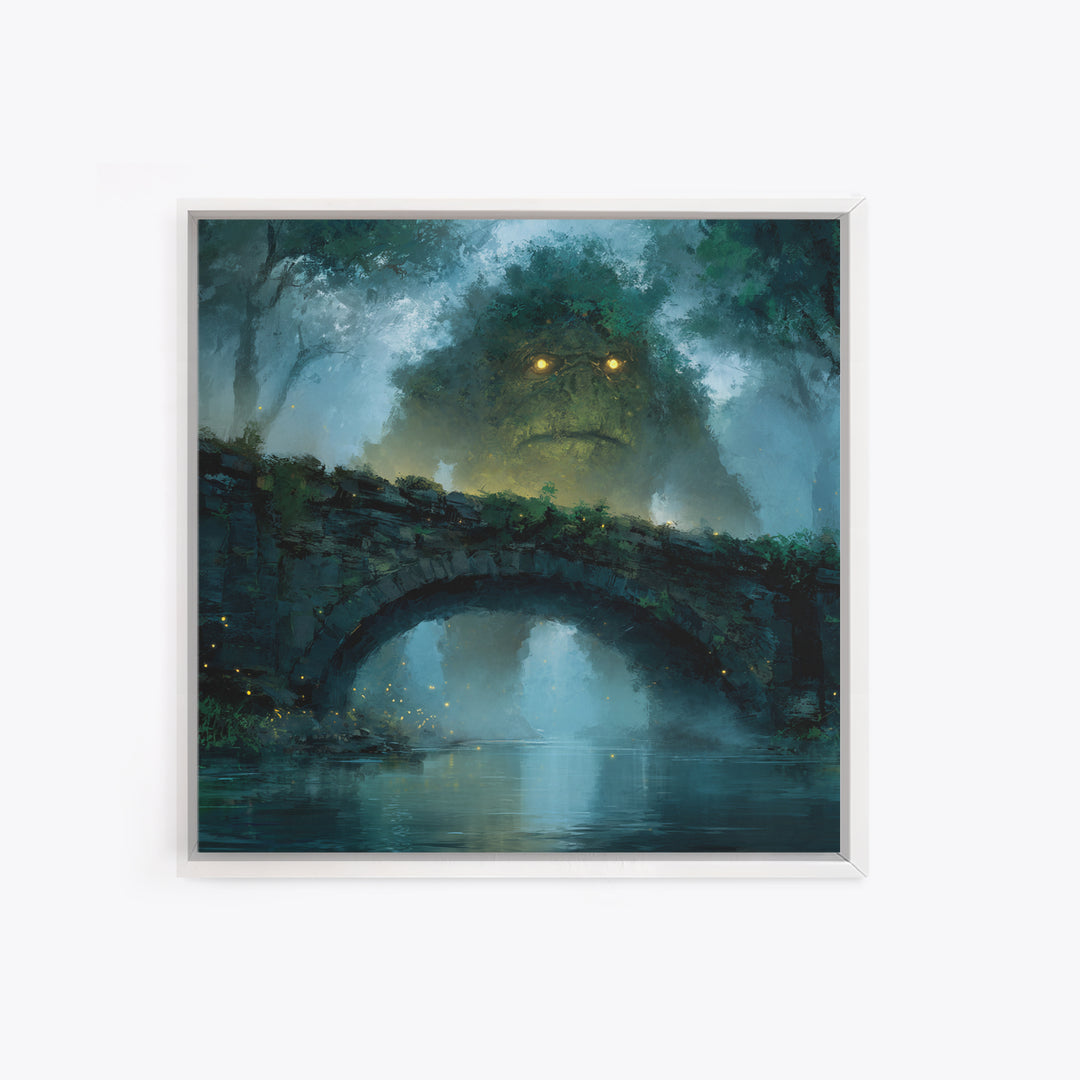 Mossy Forest Giant Above Stone Bridge Framed Canvas Print, Whimsical Fantasy Wall Art, Nature Decor, Cozy Gift For Her, Woodland Home Decor