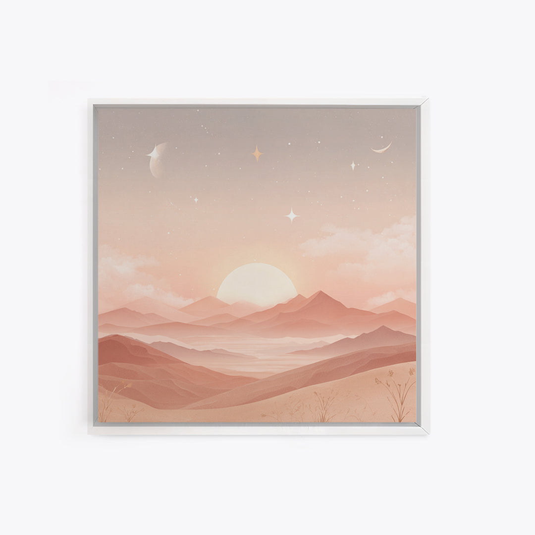 Peach Sunrise Mountains With Moon And Stars Wall Art, Minimalist Landscape Print, Celestial Nursery Decor, Above Bed Art