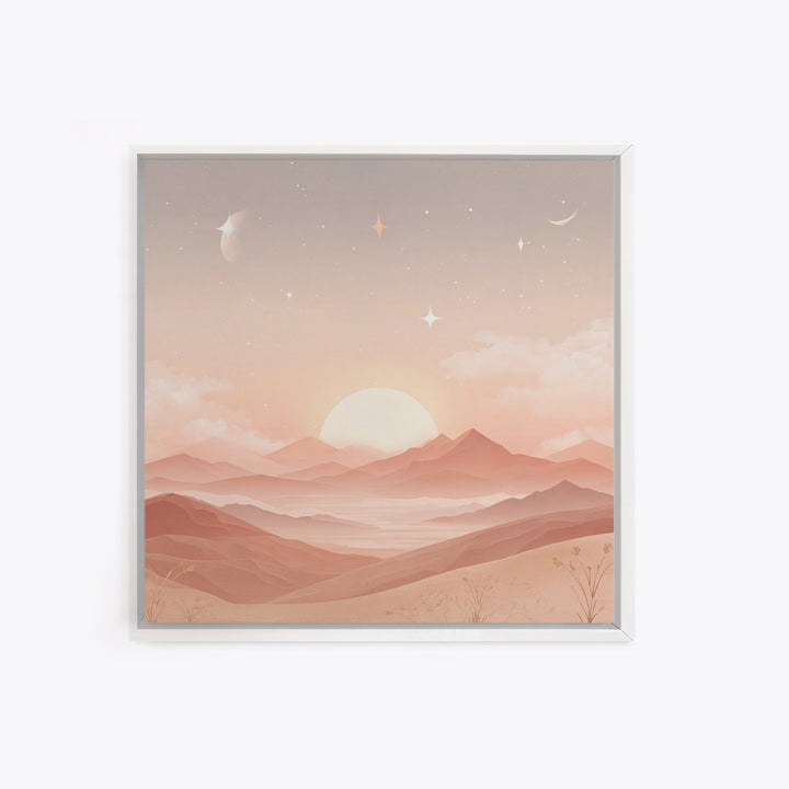 Peach Sunrise Mountains With Moon And Stars Wall Art, Minimalist Landscape Print, Celestial Nursery Decor, Above Bed Art