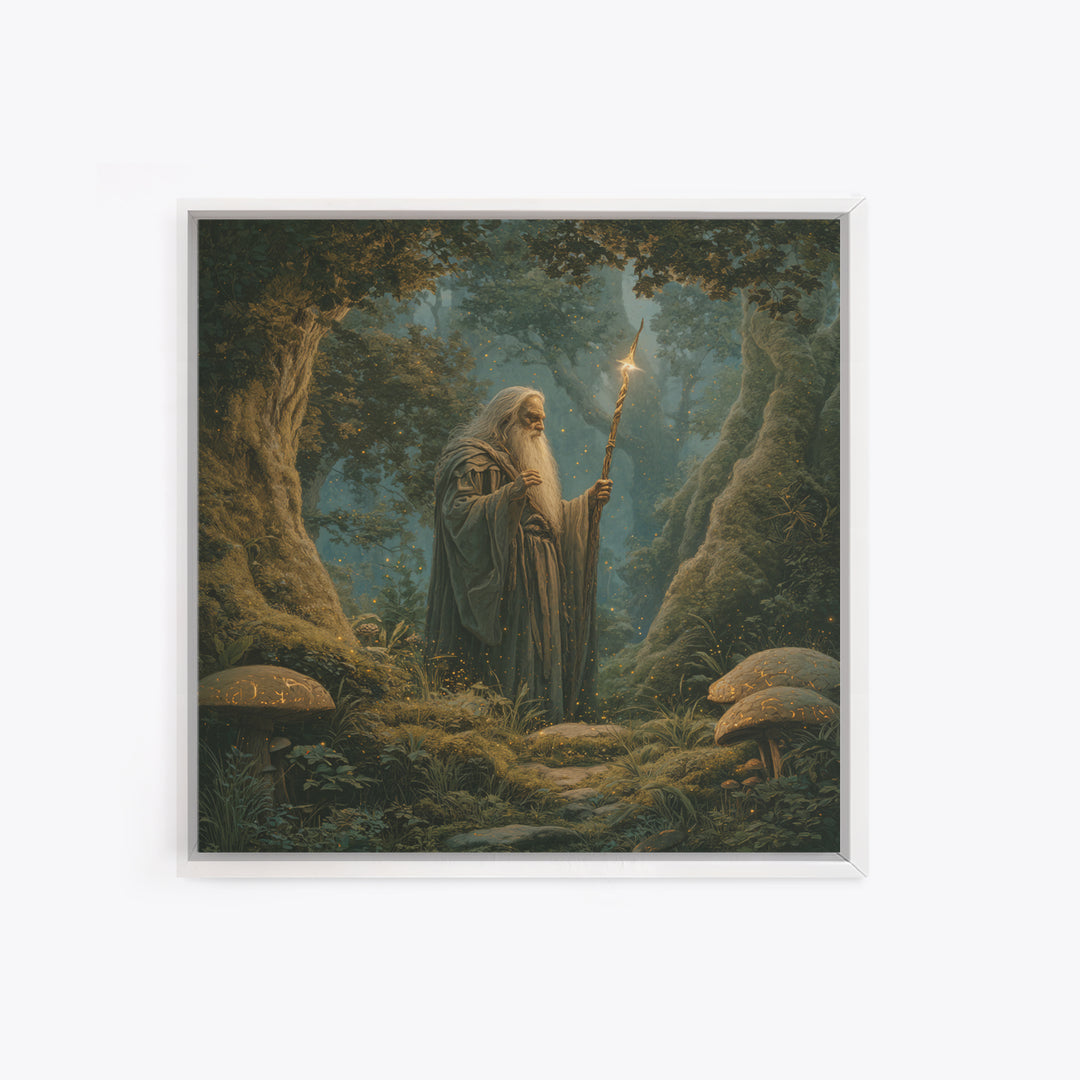 Ancient Wizard With Glowing Staff Framed Canvas Print, Fantasy Wall Art, Enchanted Forest Home Decor, Dark Academia Gift