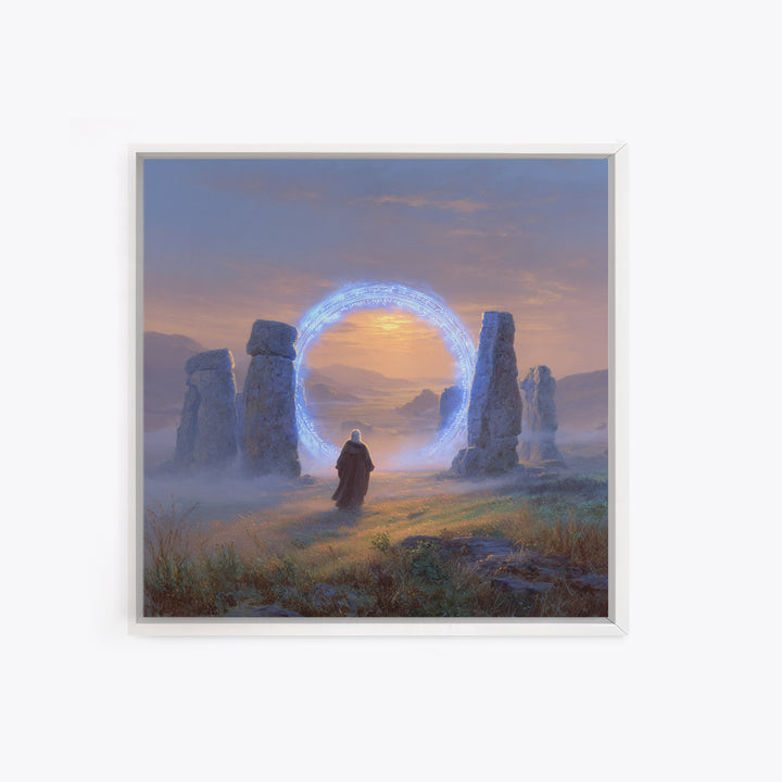 Glowing Rune Portal Between Ancient Stones Canvas Print, Fantasy Landscape Wall Art, Mystical Home Decor, Magic Gateway Art
