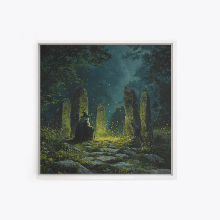 Dark Witch At Ancient Rune Stones Wall Art, Gothic Fantasy Canvas Print, Mystical Forest Decor, Dark Academia Poster Gift