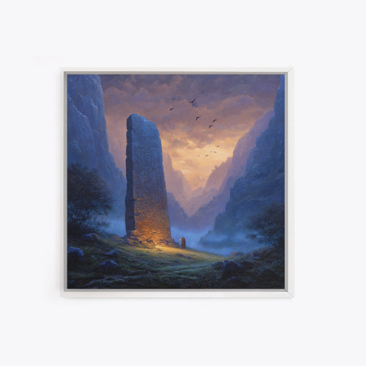 Carved Rune Monolith In Misty Mountain Valley Wall Art, Fantasy Landscape Canvas Print, Mystical Ancient Stone Home Decor