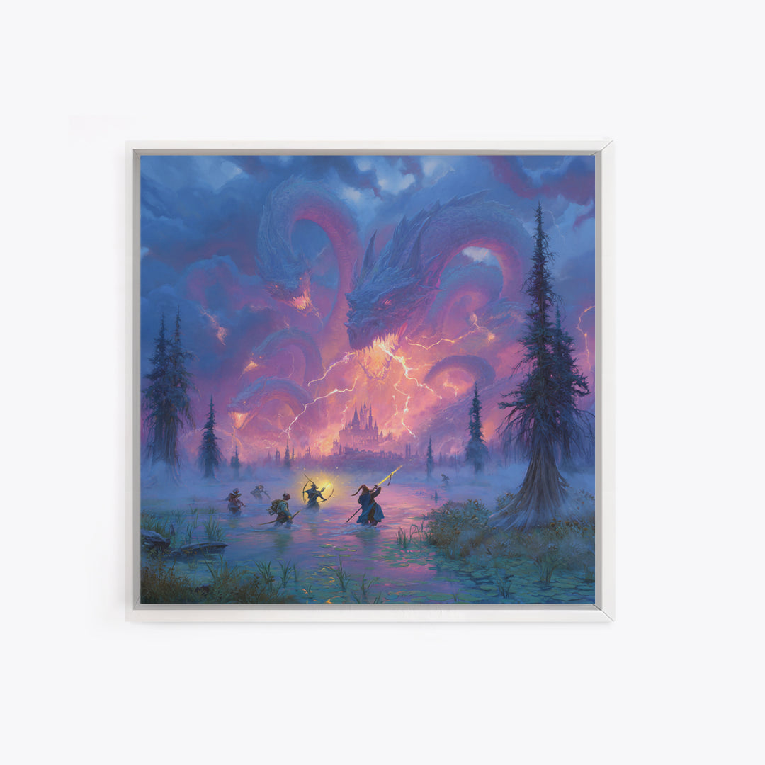 Epic Blue Dragon Battle Over Misty Castle Canvas Print, Fantasy Wall Art, Dungeons And Dragons Decor, Gamer Room Decor Gift