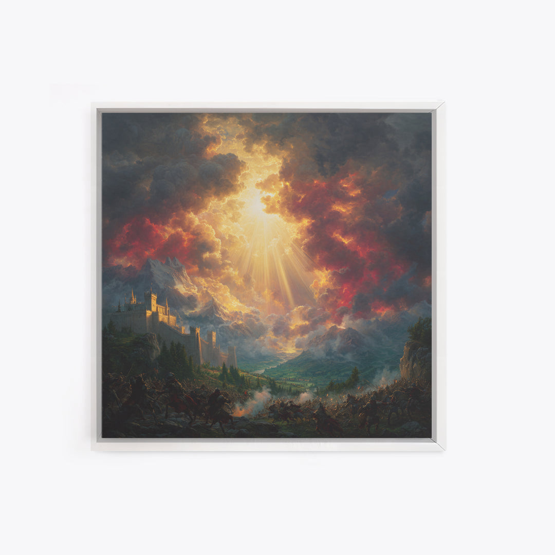 Heavenly Light Over Castle And Mountain Battlefield Wall Art, Epic Fantasy Canvas Print, Dramatic Landscape Home Decor Gift