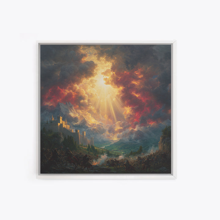 Heavenly Light Over Castle And Mountain Battlefield Wall Art, Epic Fantasy Canvas Print, Dramatic Landscape Home Decor Gift
