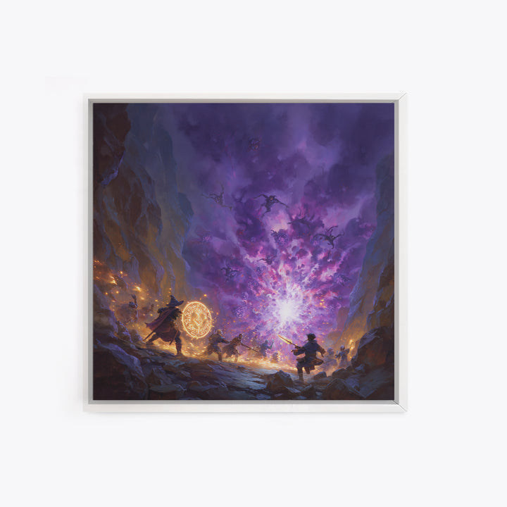 Wizard Party Fighting Purple Demon Portal Wall Art, Dark Fantasy Canvas Print, Dungeons And Dragons Game Room Decor Gift