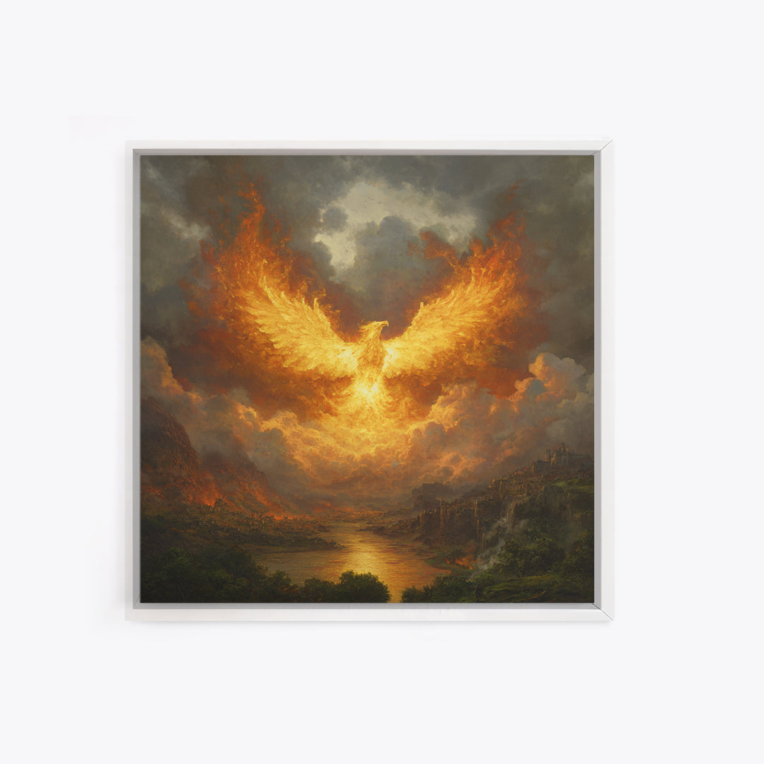 Fiery Phoenix Rising Above Stormy Valley Wall Art, Mythical Fantasy Canvas Print, Dramatic Firebird Epic Home Decor Gift