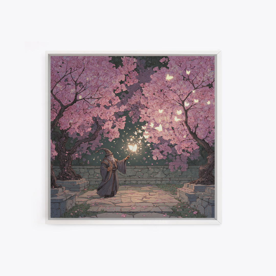Wizard Casting Light Beneath Cherry Blossoms Canvas Print, Fantasy Wall Art, Pink Floral Magical Garden Home Decor, Unique Gift