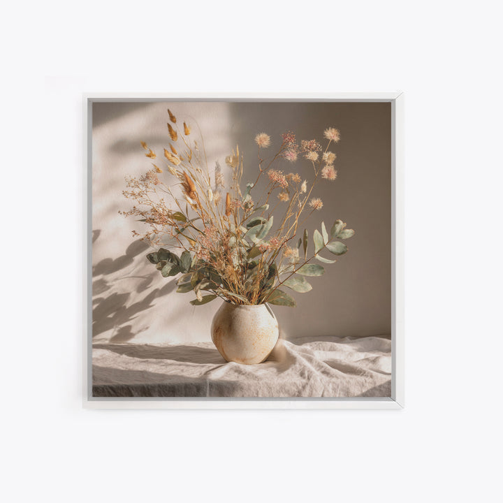 Sunlit Dried Eucalyptus Vase Wall Art, Neutral Botanical Canvas Print, Japandi Home Decor, Minimalist Bedroom Decor Gift For Her