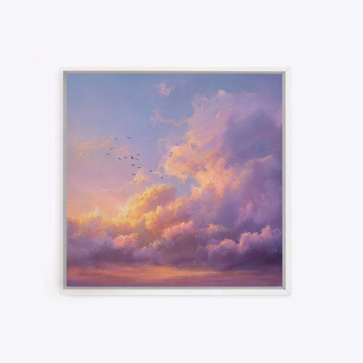 Pastel Sunset Clouds With Flying Birds Wall Art, Dreamy Sky Canvas Print For Living Room Decor And Serene Bedroom Decor Gift