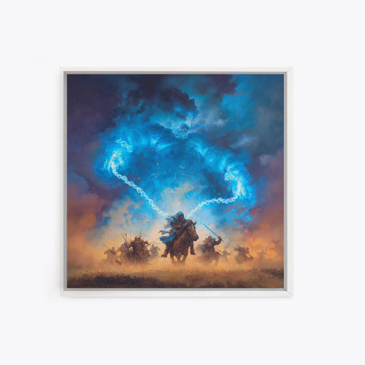 Blue Storm Giant Battle Wall Art, Epic Fantasy Canvas Print, Dark Wizard Decor, Medieval Warrior Gift, Moody Game Room Art