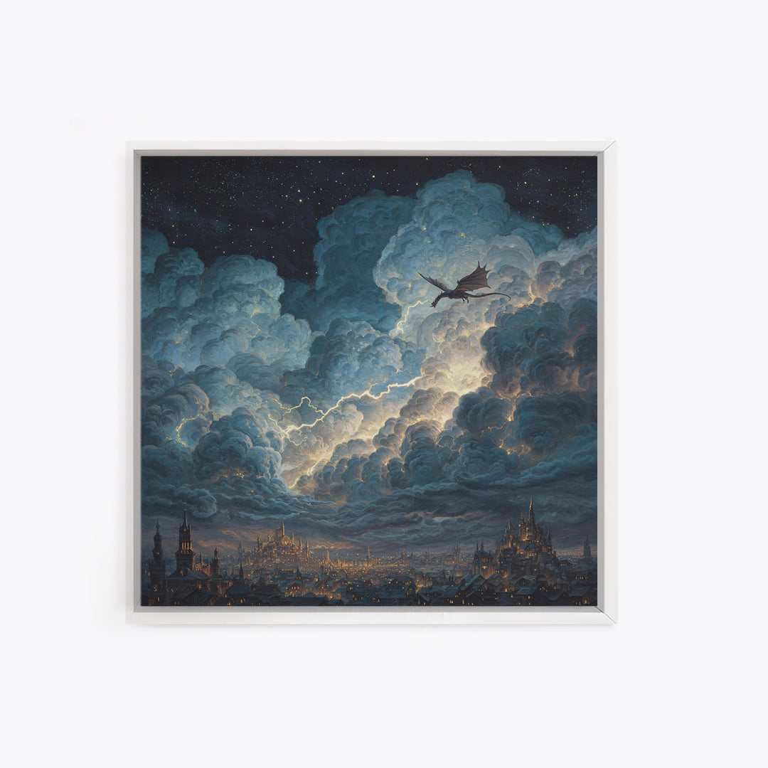 Night Dragon Storm Cloud Wall Art, Fantasy City Canvas Print, Gothic Castle Decor, Moody Sky Art, Gift For Dragon Lovers