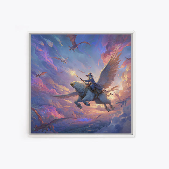Griffin Rider Sky Battle Wall Art, Whimsical Fantasy Canvas Print, Pastel Dragon Decor, Magical Nursery Or Game Room Art