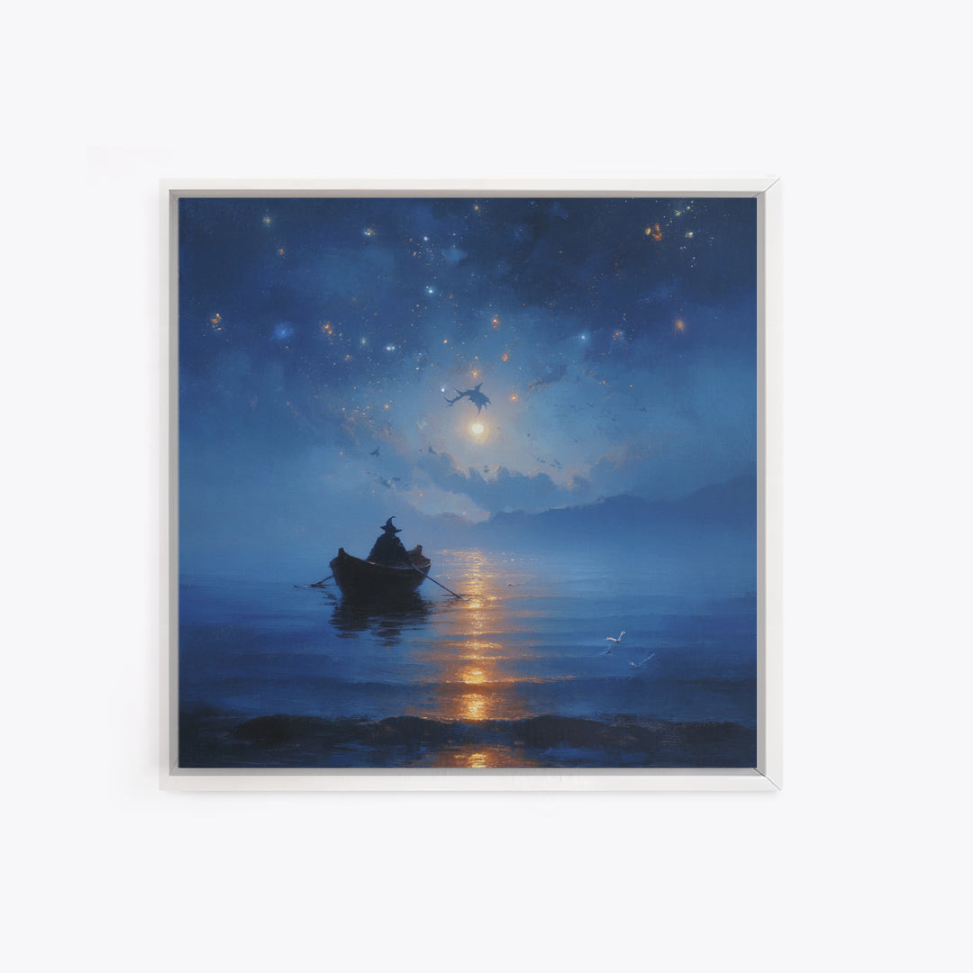 Moonlit Wizard Boat Wall Art, Blue Fantasy Seascape Canvas Print, Celestial Ocean Decor, Dreamy Bedroom Or Office Art Gift