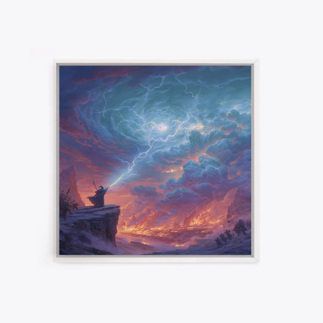 Lightning Wizard Cliff Wall Art, Epic Fantasy Storm Canvas Print, Dramatic Mountain Decor, Dark Magic Gift For Game Room