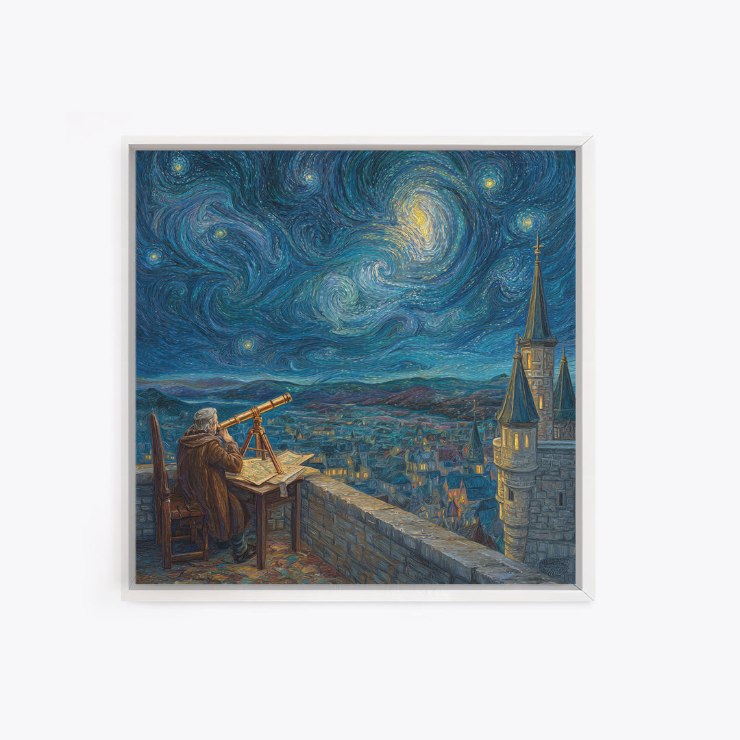 Starry Astronomer Tower Wall Art, Van Gogh Style Canvas Print, Celestial Medieval City Decor, Astronomy Gift For Office Decor