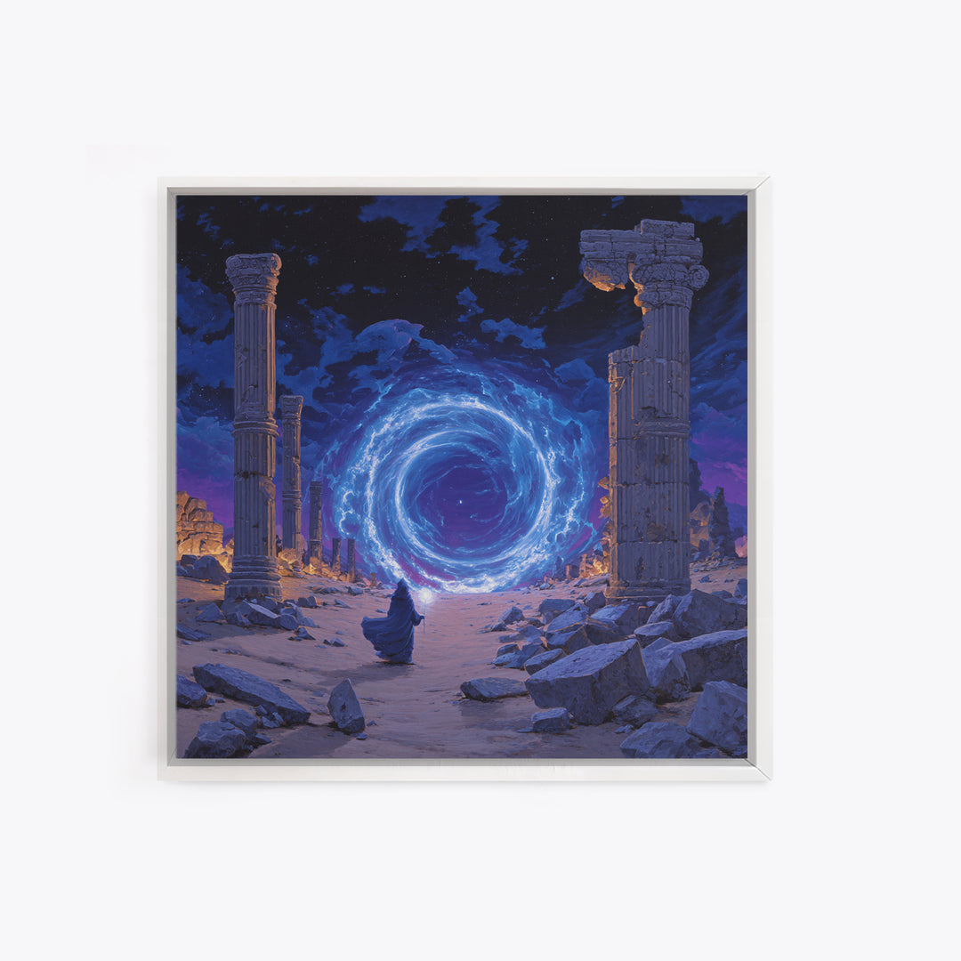 Ancient Ruins Magic Portal Wall Art, Blue Fantasy Canvas Print, Mystical Wizard Decor, Surreal Game Room Or Home Office Gift