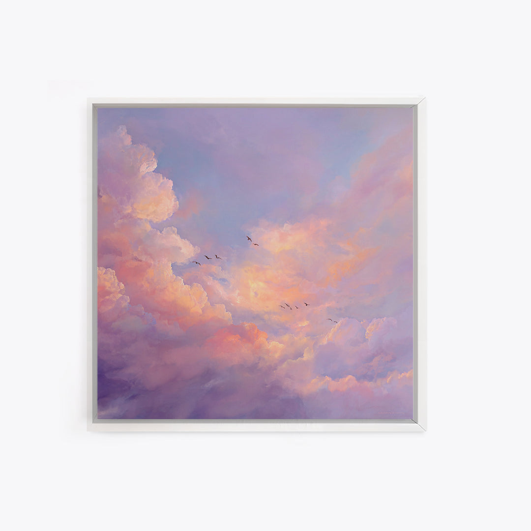 Blush Pink Cloudscape With Birds Framed Canvas Print, Pastel Sky Wall Art For Nursery Decor And Calming Bedroom Decor Gift