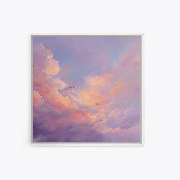 Blush Pink Cloudscape With Birds Framed Canvas Print, Pastel Sky Wall Art For Nursery Decor And Calming Bedroom Decor Gift