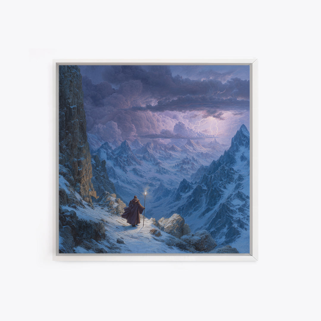 Wizard On Stormy Mountain Pass Wall Art, Fantasy Landscape Painting, Moody Alpine Adventure Decor, Large Living Room Art
