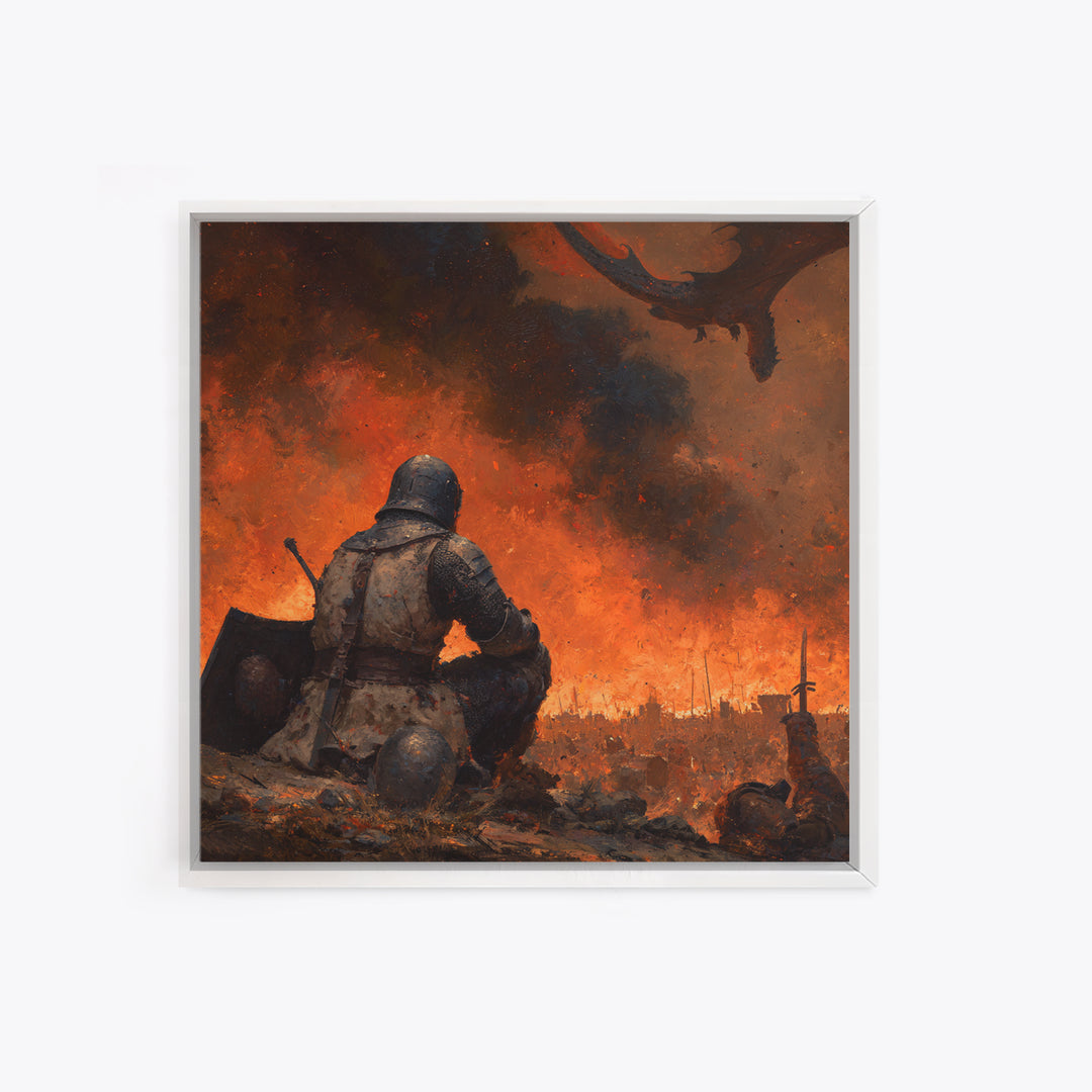 Kneeling Knight Before Dragon Canvas Print, Dark Fantasy Battle Painting, Medieval Warrior Wall Decor, Gothic Adventure Gift For Him
