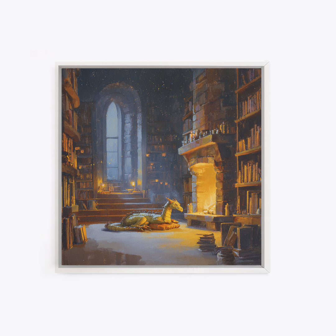 Sleeping Dragon In Magical Library Framed Canvas Print, Fantasy Bookish Wall Art, Cozy Reading Nook Decor Gift For Readers