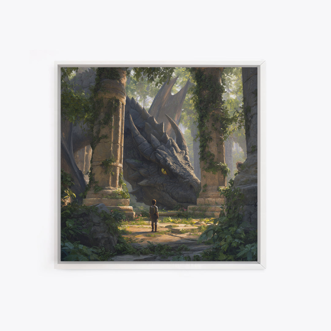Giant Dragon In Overgrown Ruins Canvas Print, Fantasy Adventure Wall Art, Mythical Creature Decor, Kids Room Decor Gift Idea