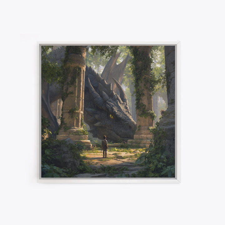 Giant Dragon In Overgrown Ruins Canvas Print, Fantasy Adventure Wall Art, Mythical Creature Decor, Kids Room Decor Gift Idea
