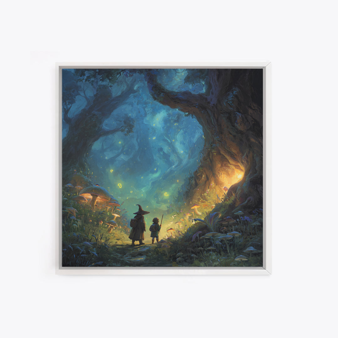 Wizard And Child In Enchanted Forest Wall Art, Whimsical Fantasy Painting, Mushroom Woodland Decor, Magical Kids Room Art