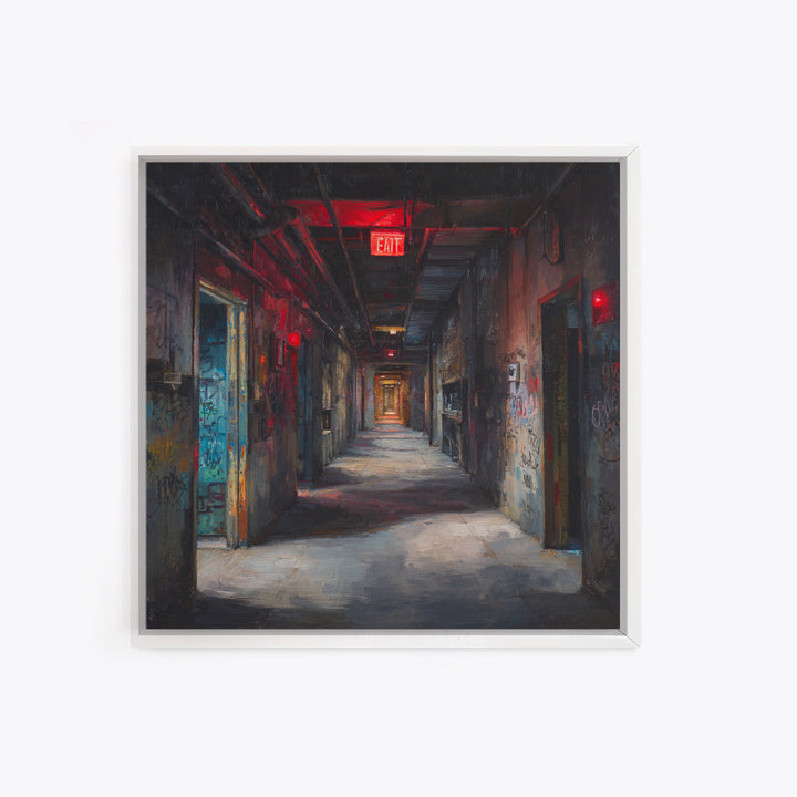 Dark Abandoned Corridor Wall Art, Moody Urban Exploration Painting, Industrial Gothic Decor, Graffiti Hallway Office Art