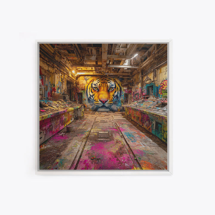 Tiger Graffiti Mural In Abandoned Factory Canvas Print, Urban Street Art, Wildlife Wall Art, Bold Industrial Loft Decor Gift