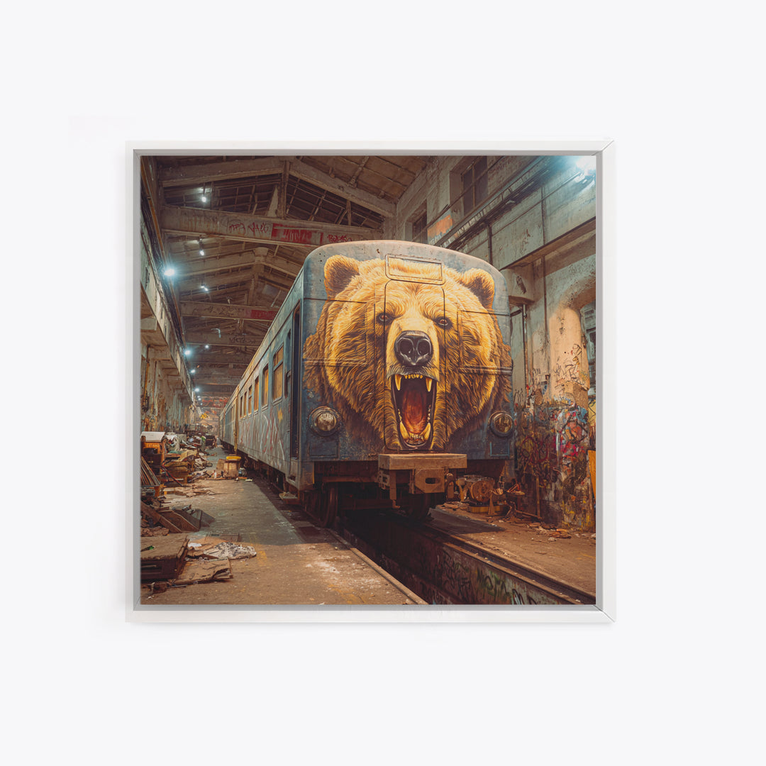 Roaring Bear Train Mural Canvas Print, Urban Graffiti Wall Art, Industrial Decor, Wildlife Art, Statement Artwork, Man Cave Decor