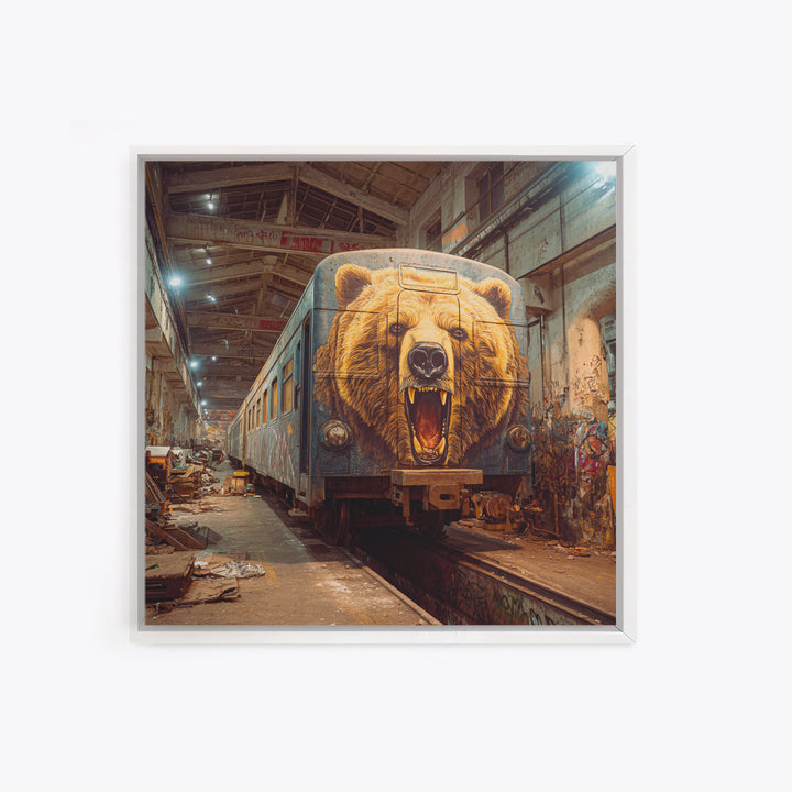 Roaring Bear Train Mural Canvas Print, Urban Graffiti Wall Art, Industrial Decor, Wildlife Art, Statement Artwork, Man Cave Decor