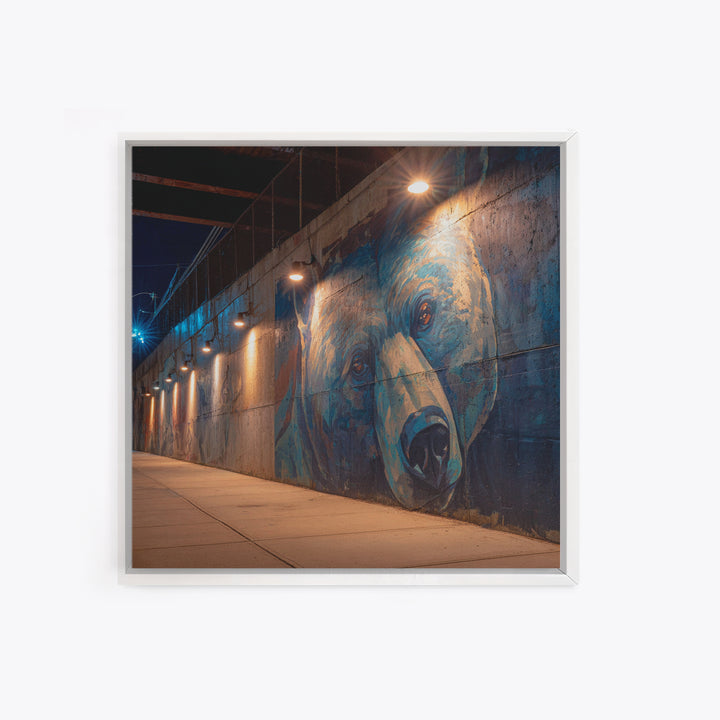 Blue Bear Street Mural Canvas Print, Urban Graffiti Wall Art, Moody City Decor, Wildlife Art, Modern Wall Decor, Night Photography