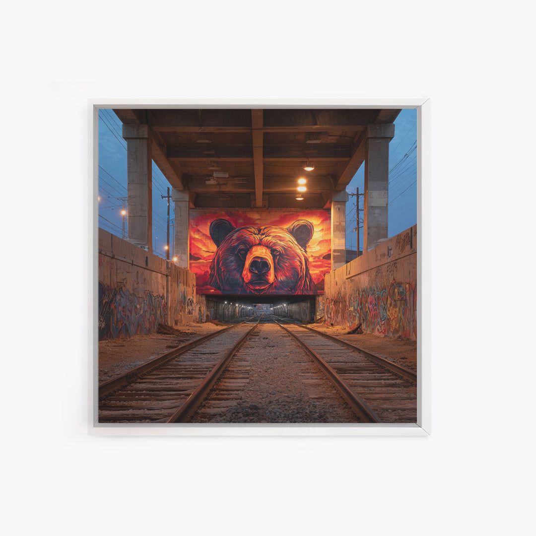 Sunset Bear Railroad Mural Framed Canvas Print, Urban Graffiti Wall Art, Industrial Decor, Wildlife Statement Art, Man Cave Decor