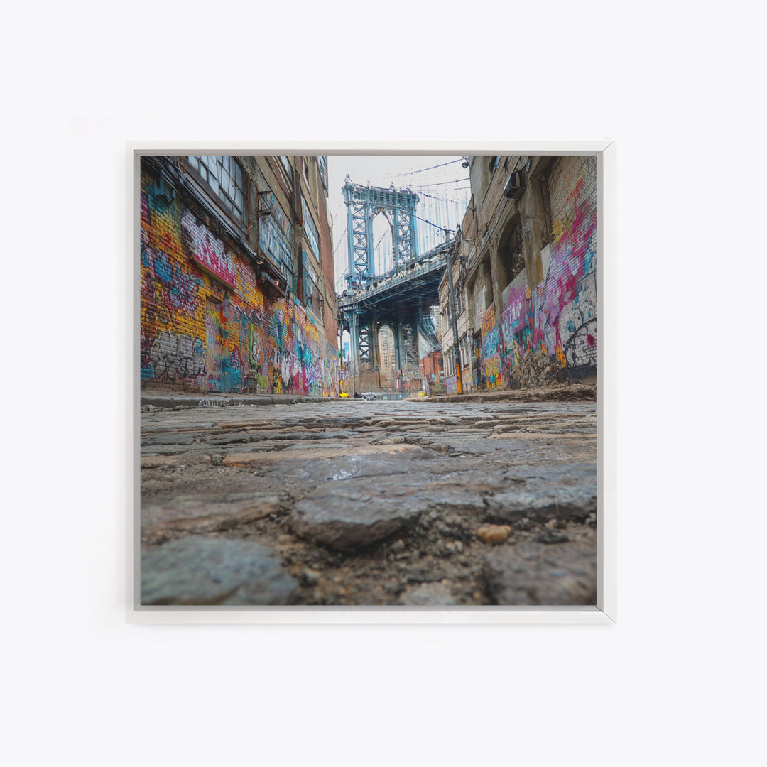 Cobblestone Alley And Bridge Wall Art, Urban Graffiti Photography Print, New York City Decor, Industrial Wall Decor, Travel Poster