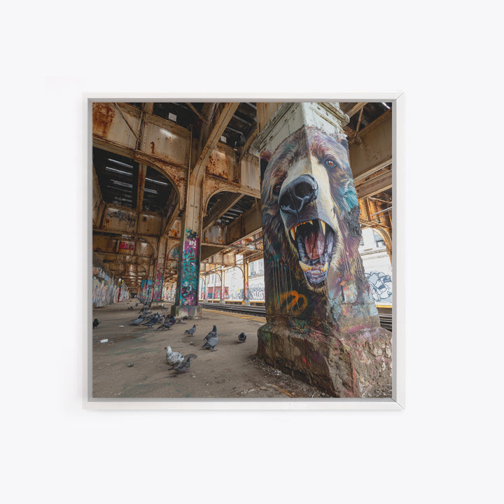 Roaring Bear Pillar Mural Canvas Print, Urban Graffiti Wall Art, Industrial Decor, Wildlife Art, Bold Animal Decor, Man Cave Decor