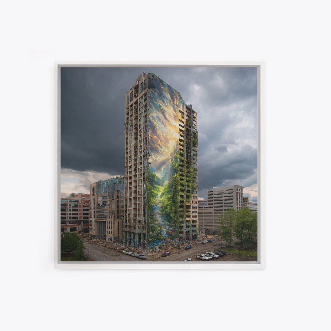 Stormy City Tower With Nature Mural Canvas Print, Urban Architecture Wall Art, Surreal Street Art, Modern Office Decor For Loft