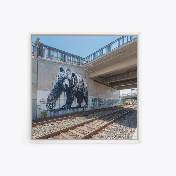 Black Bear Graffiti Mural By Train Tracks Canvas Print, Urban Wildlife Wall Art, Industrial Street Art Decor For Modern Loft