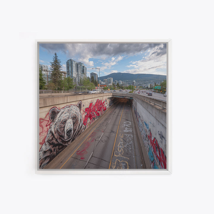 Bear Mural Highway Underpass Cityscape Wall Art, Urban Wildlife Print, Mountain Landscape Decor, Graffiti Street Photography