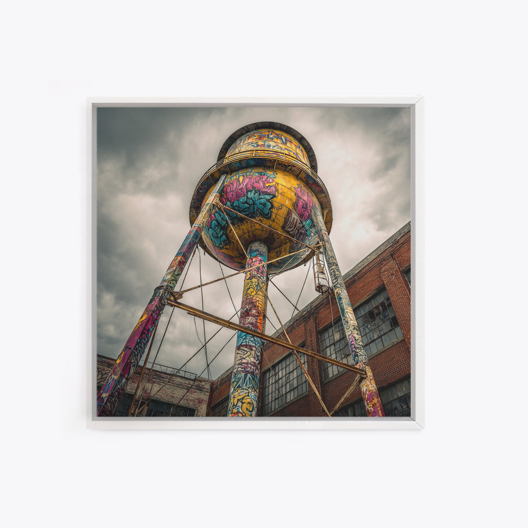 Graffiti Water Tower Under Stormy Sky Wall Art, Industrial Urban Print, Street Art Photography, Bold Loft Decor For Home