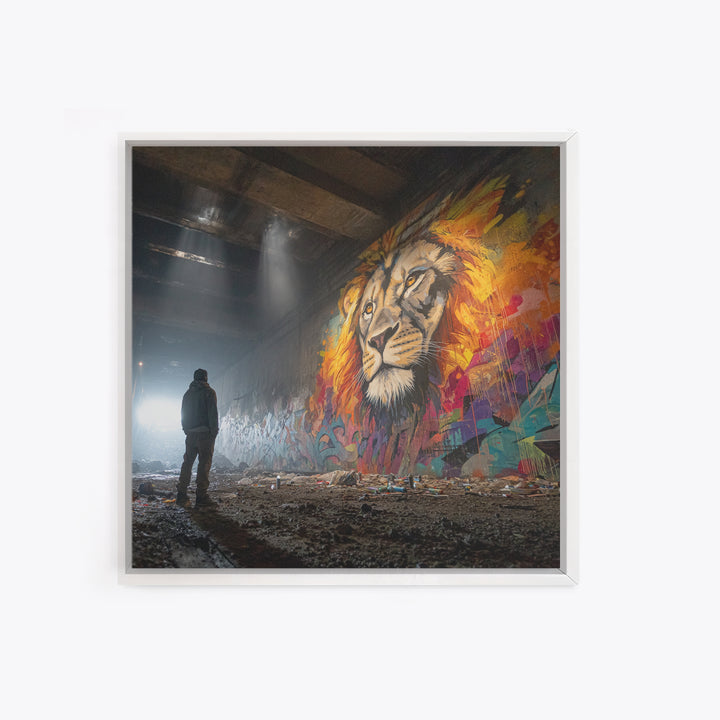 Underground Lion Mural In Shadowed Tunnel Framed Canvas Print, Urban Wildlife Wall Art, Graffiti Decor, Moody Street Photography