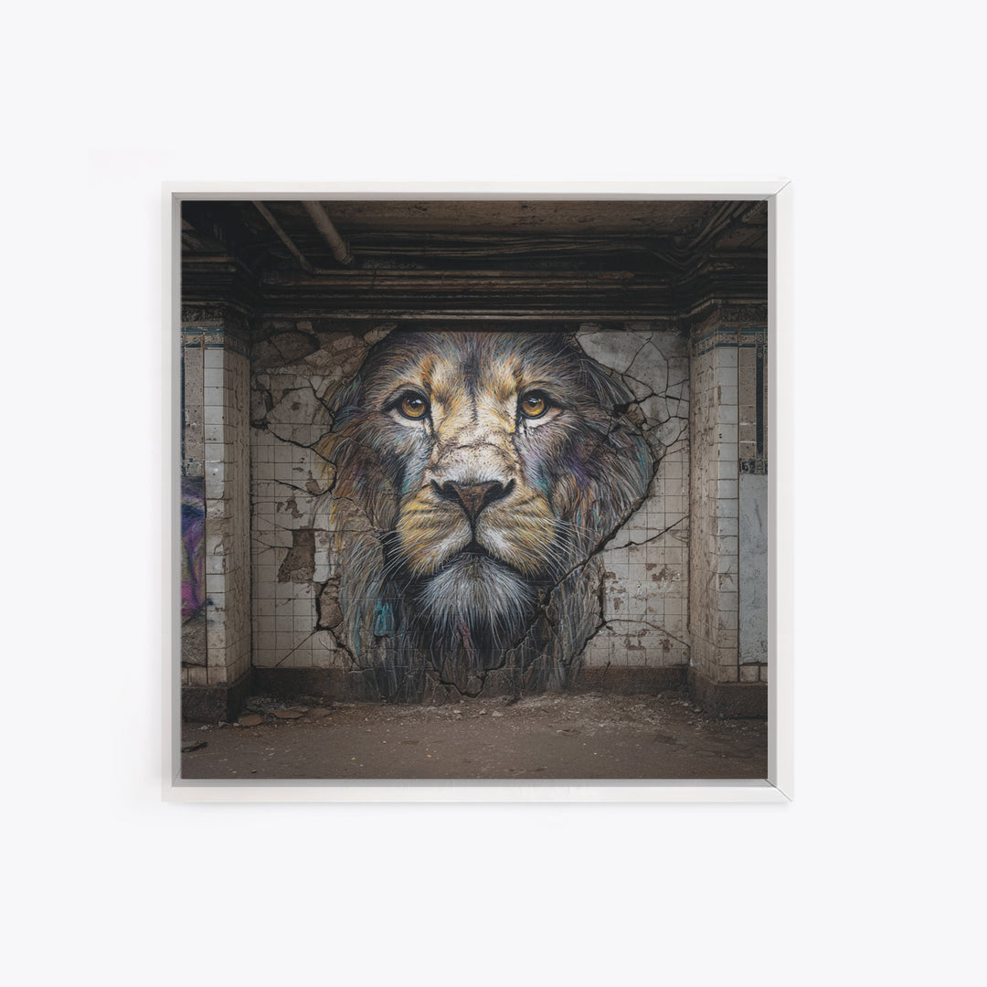 Cracked Wall Lion Portrait Graffiti Wall Art, Abandoned Subway Mural Print, Urban Wildlife Decor, Moody Animal Art For Home