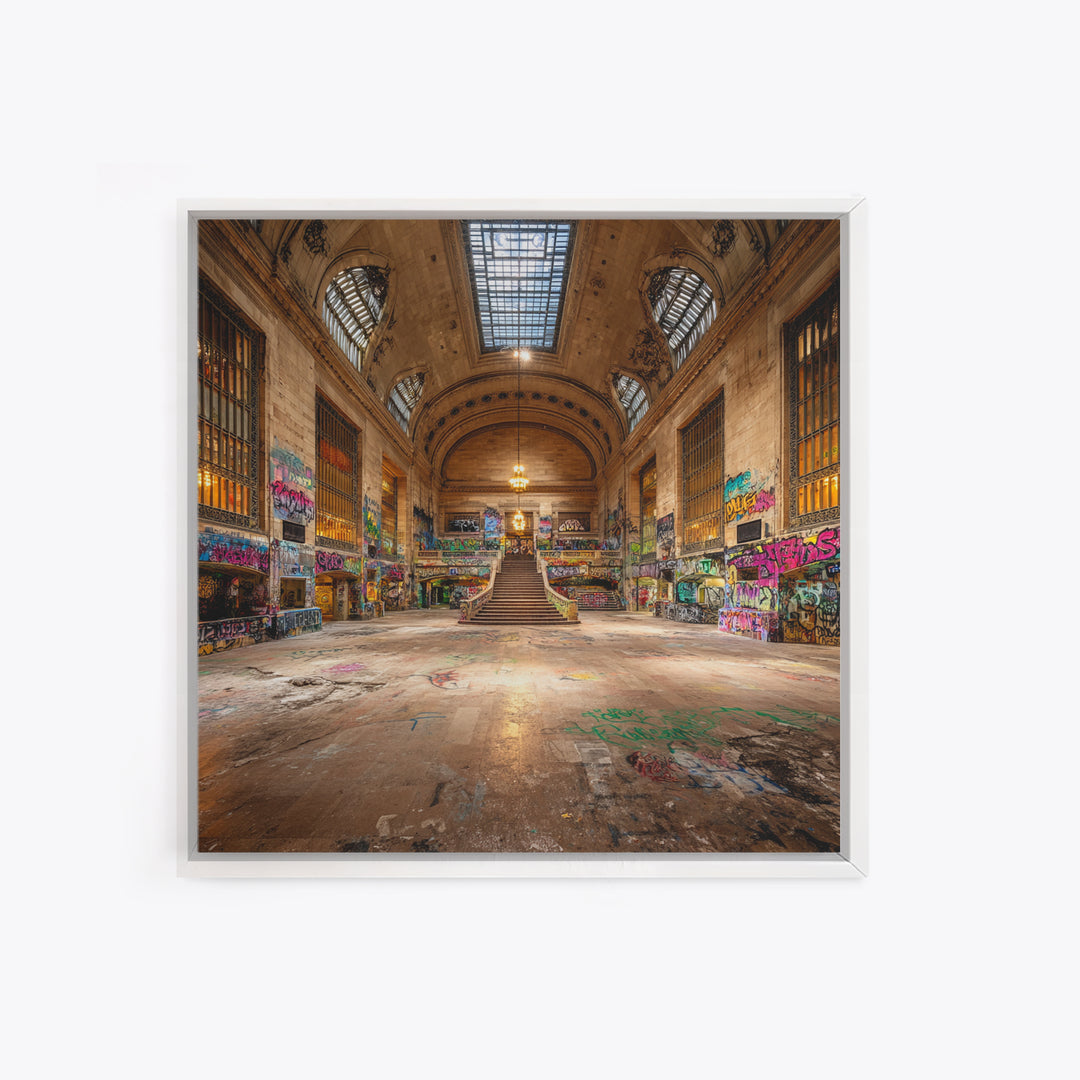 Abandoned Grand Hall Graffiti Framed Canvas Print, Urban Street Art, Industrial Wall Decor, Large Statement Artwork, Modern Home Decor