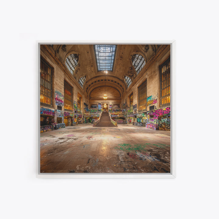 Abandoned Grand Hall Graffiti Framed Canvas Print, Urban Street Art, Industrial Wall Decor, Large Statement Artwork, Modern Home Decor