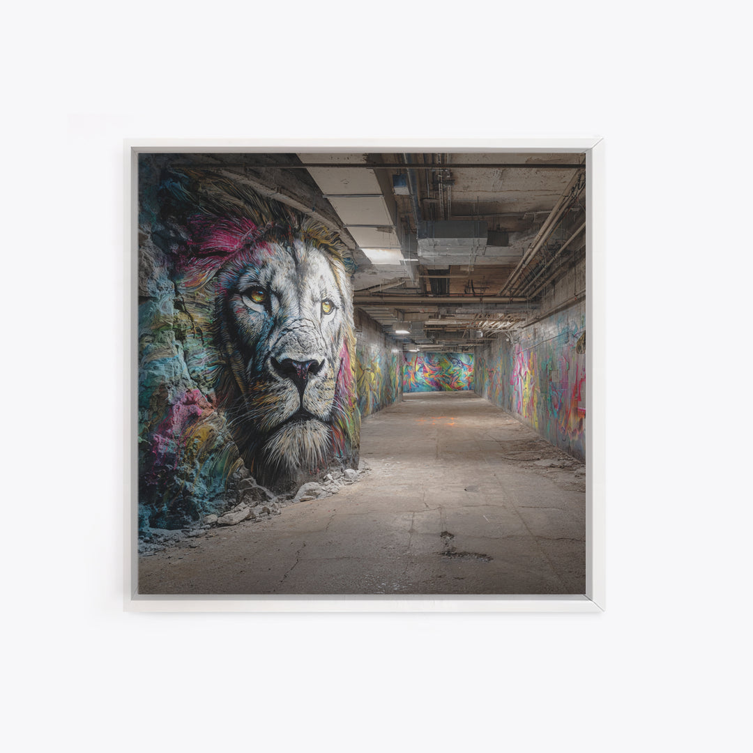 White Lion Graffiti Tunnel Wall Art, Urban Street Art Canvas Print, Wildlife Mural Decor, Industrial Loft Statement Art Gift