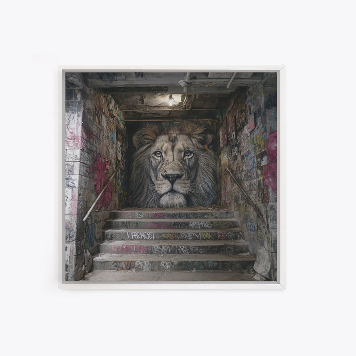 Realistic Lion Stairwell Wall Art, Urban Graffiti Mural Canvas Print, Street Art Decor, Bold Animal Office Poster For Men