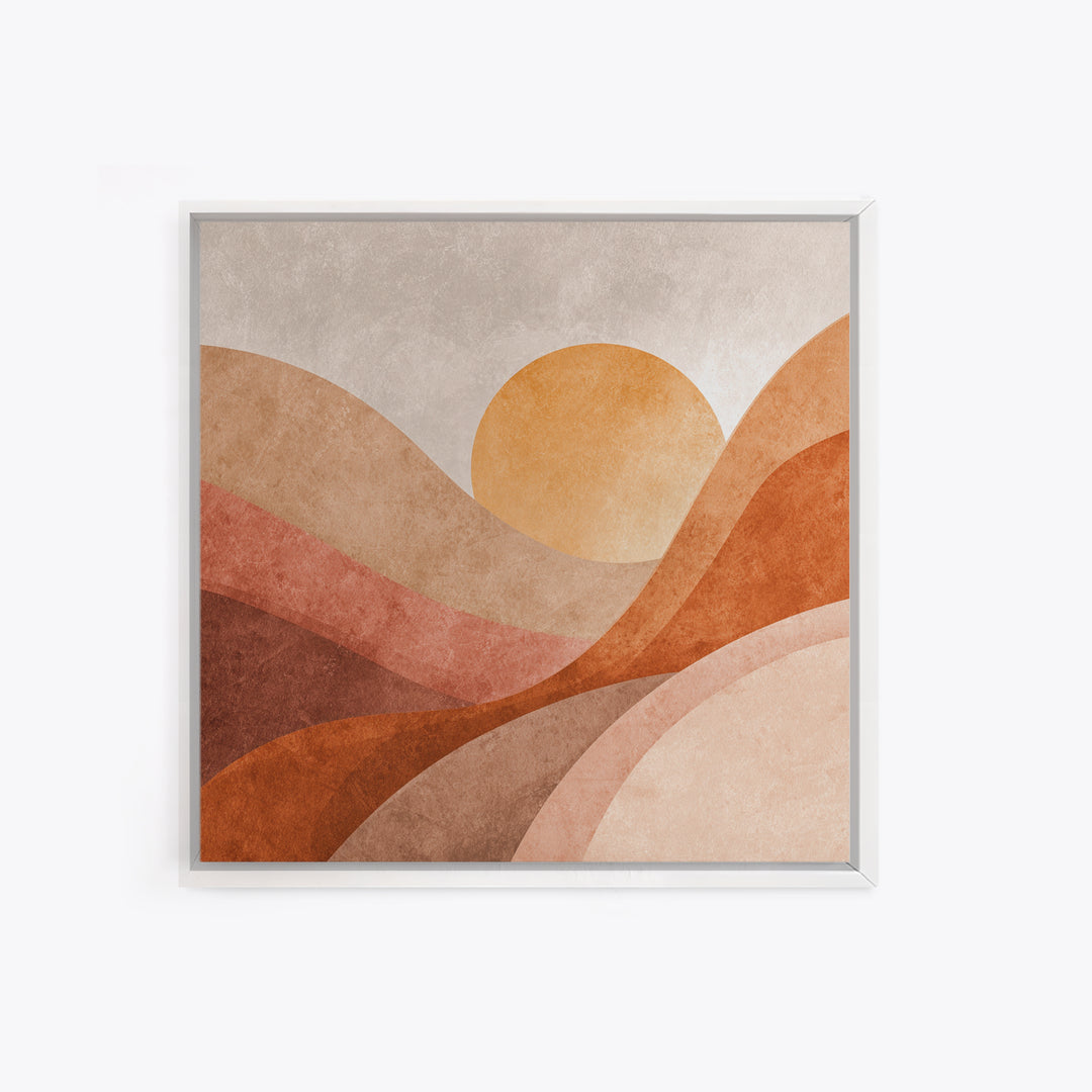 Terracotta Sun Over Abstract Hills Framed Canvas Print, Earth Tone Wall Art For Modern Home Decor And Living Room Wall Decor