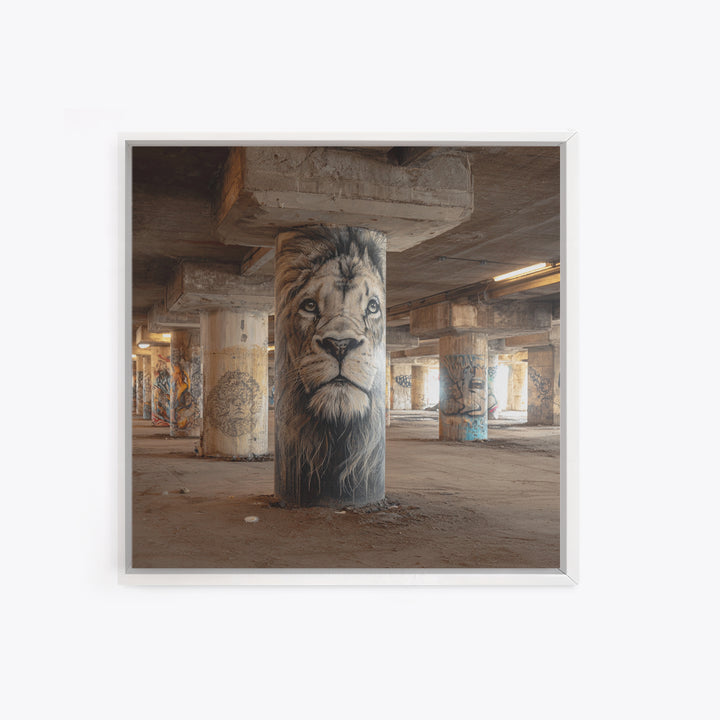 Realistic Lion Portrait On Concrete Pillar Wall Art, Urban Wildlife Canvas Print, Graffiti Decor For Office And Man Cave